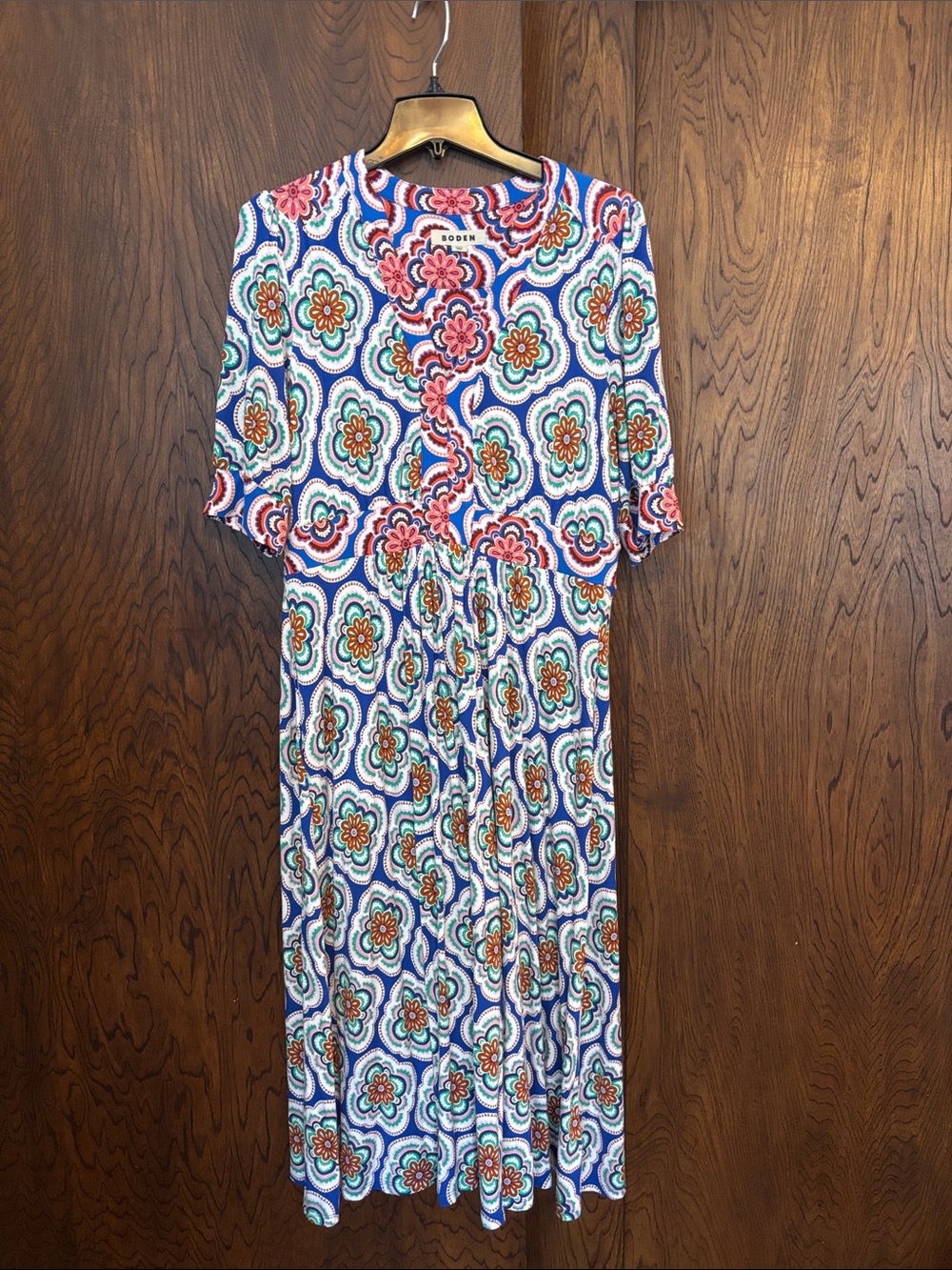 Boden Multicolor Floral Midi Dress in Blue and White